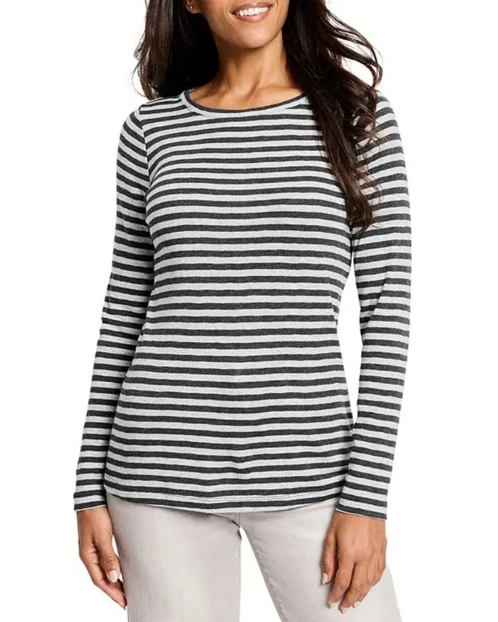 NIC+ZOE Women Grey Stripe Cotton/Modal Knit Casual Long Sleeve Top Size S